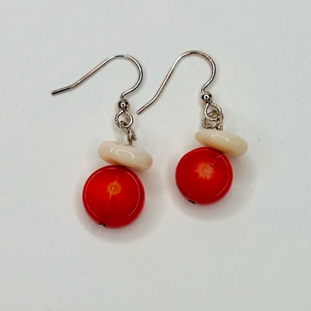 HAND CRAFTED EARRINGS Petite Dangle Coral Red Cream Sterling Silver Beaded NWT